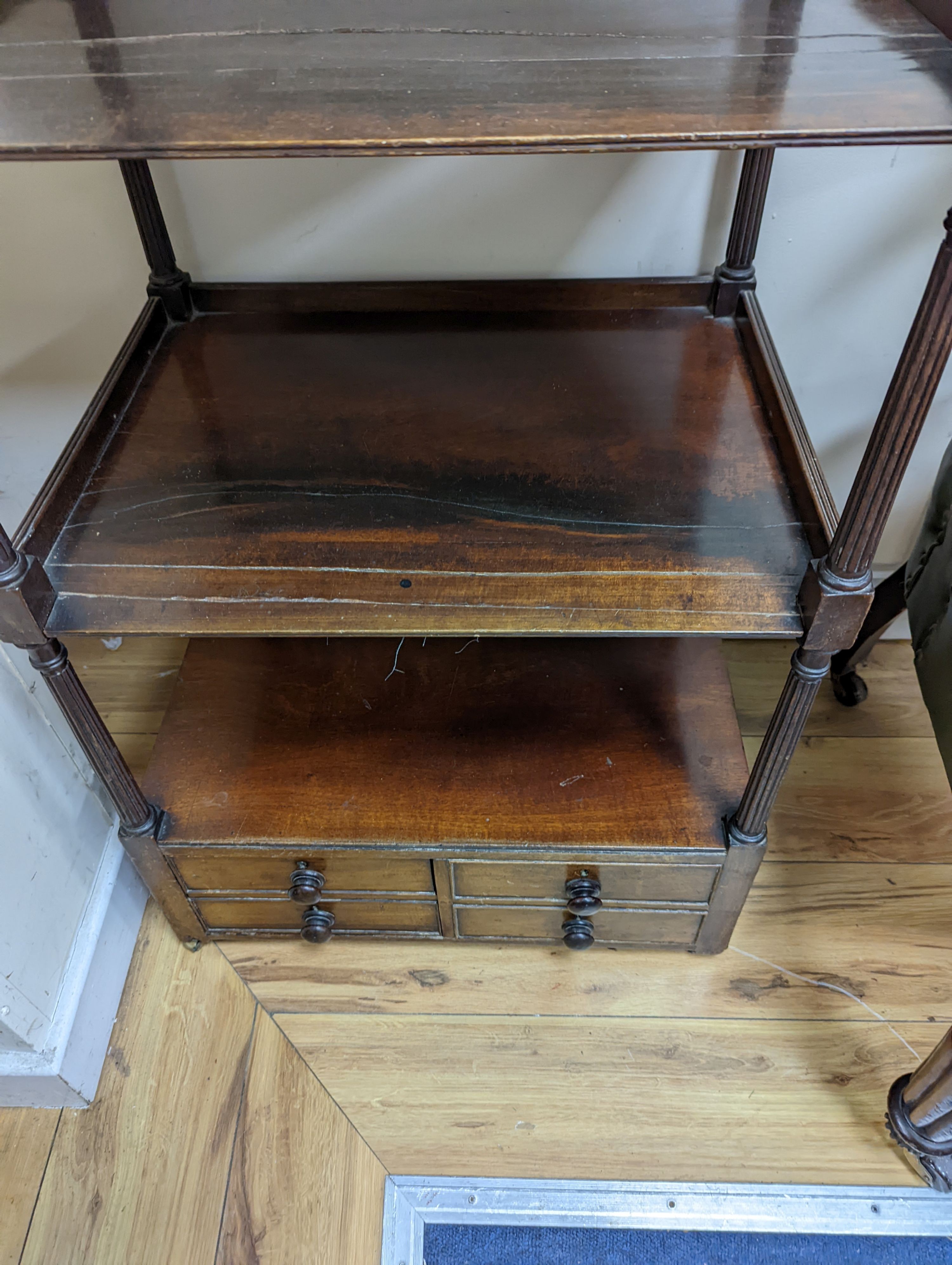 A Regency mahogany four tier whatnot, width 54cm, depth 41cm, height 108cm